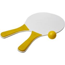 Geel/witte beachball set buitenspeelgoed - Houten beachballset - Rackets/batjes en bal - Tennis ballenspel