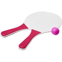 Roze/witte beachball set buitenspeelgoed - Houten beachballset - Rackets/batjes en bal - Tennis ballenspel