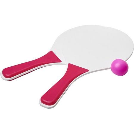 Roze/witte beachball set buitenspeelgoed - Houten beachballset - Rackets/batjes en bal - Tennis ballenspel