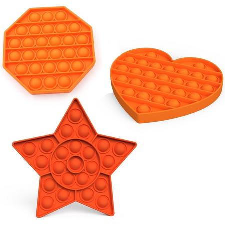 Pop it van By Qubix - Pop it fidget toy - Set van 3 - Hartje, Ster, Achthoek - Oranje - fidget toy van hoge kwaliteit!