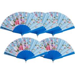 Cepewa Handwaaier/Spaanse waaier Flowers - 5x - blauw - 30 cm - Verkoeling zomer