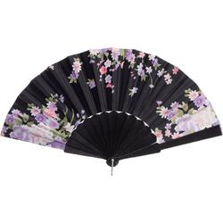 Cepewa Handwaaier/spaanse waaier Flowers - zwart - 30 cm - Verkoeling zomer