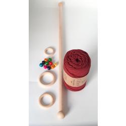   Macramé set - touw Bordeaux - houten stok en ringen - gekleurde kralen