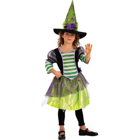 CARNIVAL TOYS - Spinnen heks kostuum met groene hoed voor meisjes - 116 (4-5 jaar) - Kinderkostuums