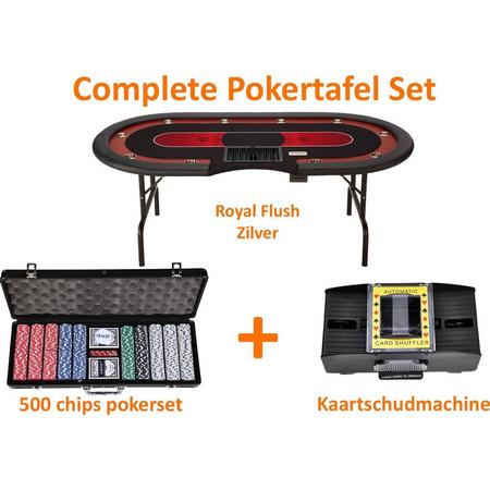 Pokertafel Royal flush - Set - Pokertafel - Complete set - Schud machine - 500 chip set - Zilver - Professionele set - Poker tafel - Poker set - Cave & Garden