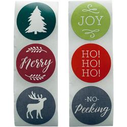 36 Kerst Stickers / Merry Christmas - 6 Stuks per motief - Kerstboom Rendier Merry JOY HOHOHO No Peeking - Groen Grijs Rood - Doorsnede 2,5 cm