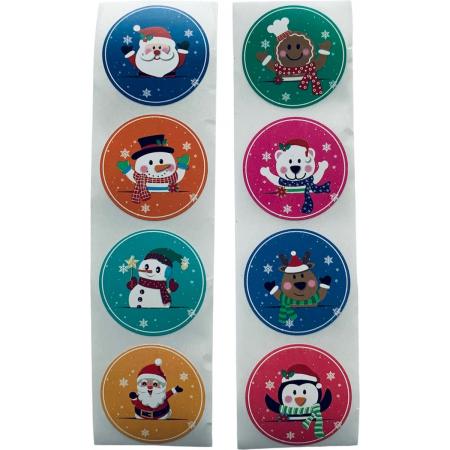40 Kerst Stickers / Merry Christmas - 5 Stuks per motief - Kerstman Sneeuwpop Gingerbread Beer Rendier Pinguïn - Blauw Oranje Groen Roze - Doorsnede 2,5 cm - Nummer 10