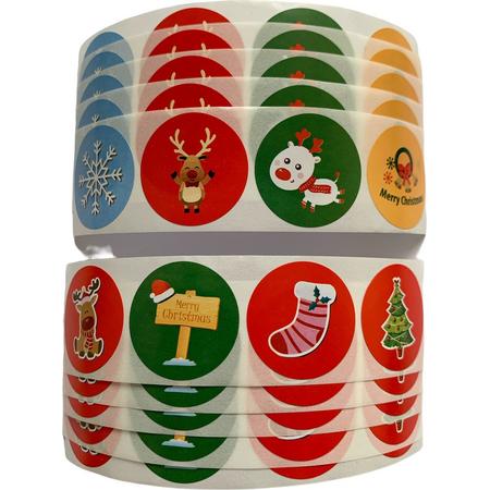 40 Kerst Stickers / Merry Christmas - 8 Stuks per motief - Rendier Sok Kerstboom Sneeuwvlok Bord Bel - Rood Groen Blauw - Doorsnede 2,5 cm - Nummer 2