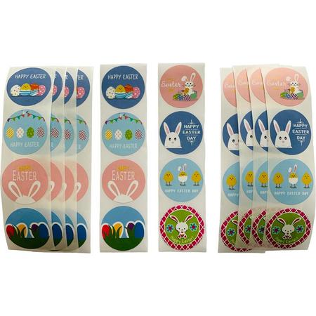 40 Pasen / Happy Easter Stickers - 5 stuks per motief - Roze/Blauw/Groen/Wit - Doorsnede 2,5 cm
