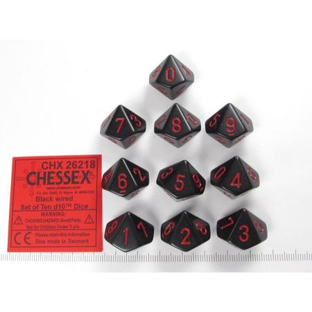 Chessex dobbelstenen set, 10 10-zijdig Opaque Black with red