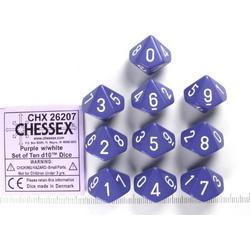 Chessex dobbelstenen set, 10 10-zijdig Opaque Purple w/white