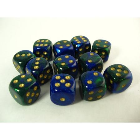 Chessex dobbelstenen set, 12 6-zijdig 16 mm, Gemini blue-green w/gold