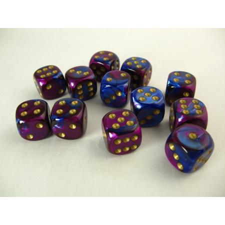 Chessex dobbelstenen set, 12 6-zijdig 16 mm, Gemini blue-purple w/gold