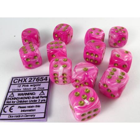 Chessex dobbelstenen set, 12 6-zijdig 16 mm, Vortex pink w/gold