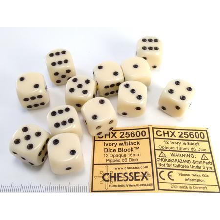 Chessex dobbelstenen set, 12 6-zijdig 16 mm, ivoorkleurig