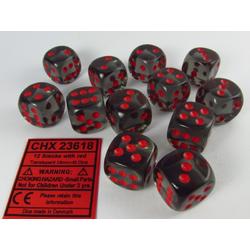 Chessex dobbelstenen set, 12 6-zijdig 16 mm, transparant donkergrijs met rood