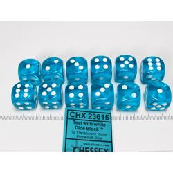 Chessex dobbelstenen set, 12 6-zijdig 16 mm, transparant turquoise