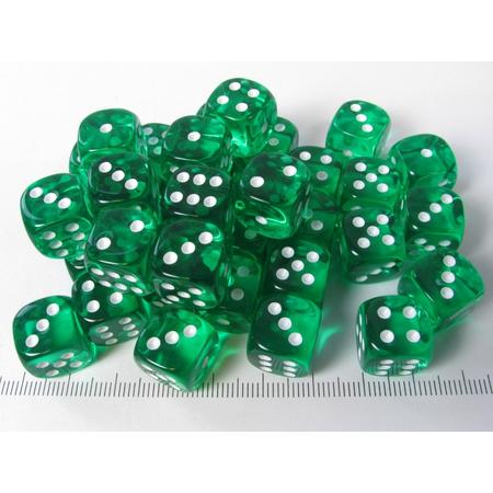 Chessex dobbelstenen set, 36 6-zijdig 12 mm, transparant groen