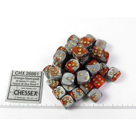Chessex dobbelstenen set, 36 st. 6-zijdig 12mm, Gemini Orange-Steel w/gold