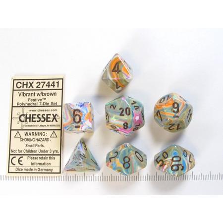 Chessex dobbelstenen set, 7 polydice, Festive Vibrant w/brown