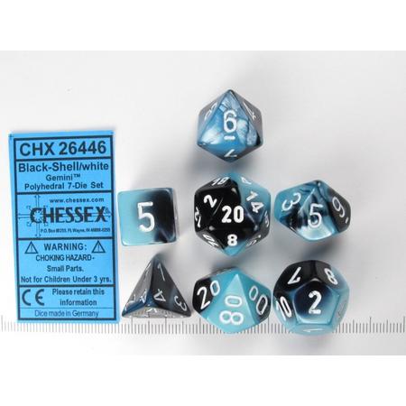 Chessex dobbelstenen set, 7 polydice, Gemini black-Shell w/white