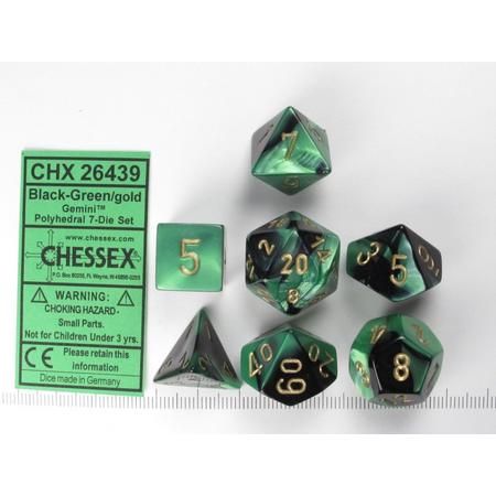 Chessex dobbelstenen set, 7 polydice, Gemini black-green w/gold