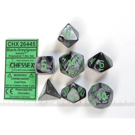 Chessex dobbelstenen set, 7 polydice, Gemini black-grey w/green
