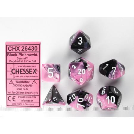 Chessex dobbelstenen set, 7 polydice, Gemini black-pink w/white