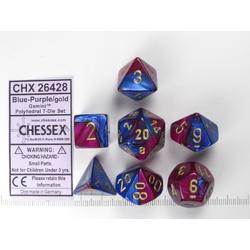 Chessex dobbelstenen set, 7 polydice, Gemini blue-purple w/gold