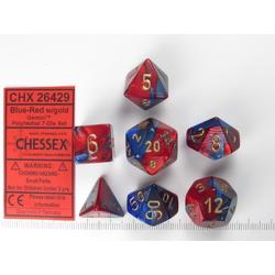 Chessex dobbelstenen set, 7 polydice, Gemini blue-red w/gold