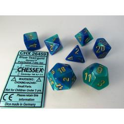 Chessex dobbelstenen set, 7 polydice, Gemini blue-teal w/gold