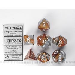Chessex dobbelstenen set, 7 polydice, Gemini copper-steel w/white
