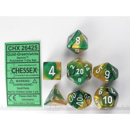 Chessex dobbelstenen set, 7 polydice, Gemini gold-green w/white