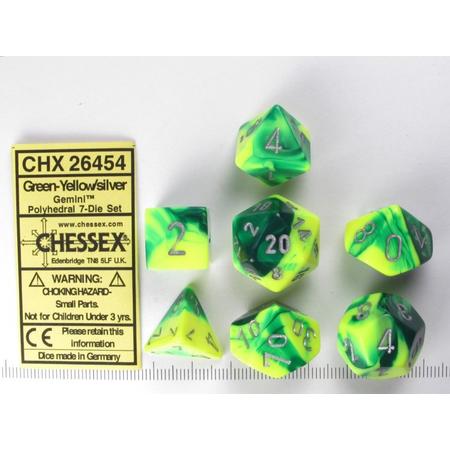 Chessex dobbelstenen set, 7 polydice, Gemini green-yellow w/silver