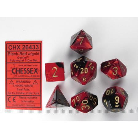 Chessex dobbelstenen set, 7 polydice, Gemini red-black w/gold