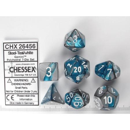 Chessex dobbelstenen set, 7 polydice, Gemini steel-teal w/white