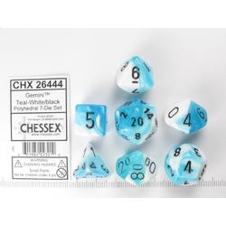 Chessex dobbelstenen set, 7 polydice, Gemini white-teal w/black