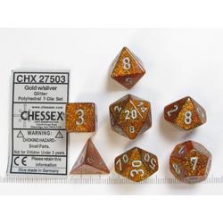 Chessex dobbelstenen set, 7 polydice, Glitter Gold w/silver
