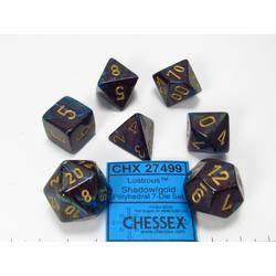 Chessex dobbelstenen set, 7 polydice, Lustrous shadow w/gold