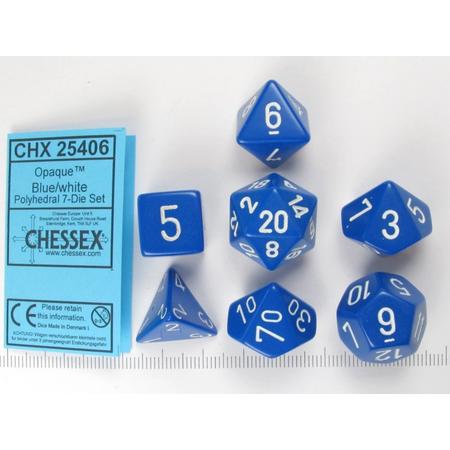 Chessex dobbelstenen set, 7 polydice, Opaque Blue w/white