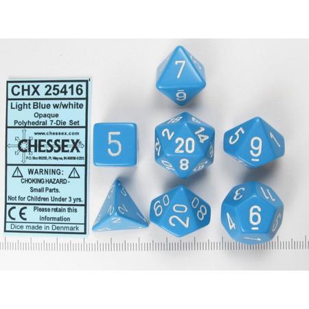 Chessex dobbelstenen set, 7 polydice, Opaque Light blue w/white