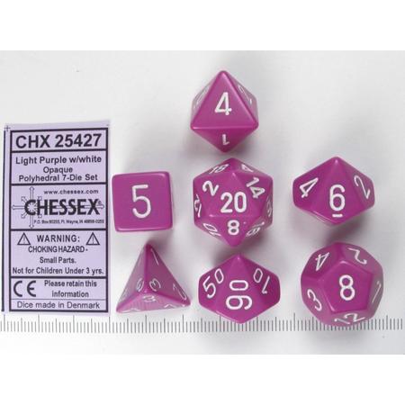 Chessex dobbelstenen set, 7 polydice, Opaque Light purple w/white