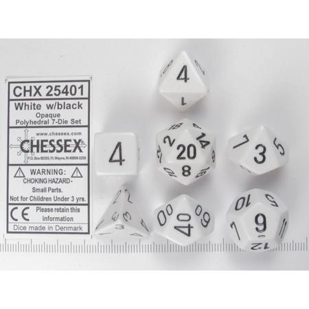Chessex dobbelstenen set, 7 polydice, Opaque White w/black