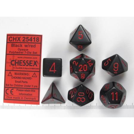 Chessex dobbelstenen set, 7 polydice, Opaque black w/red