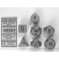 Chessex dobbelstenen set, 7 polydice, Opaque grey w/black