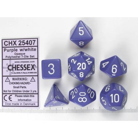 Chessex dobbelstenen set, 7 polydice, Opaque purple w/white
