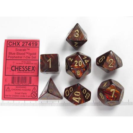 Chessex dobbelstenen set, 7 polydice, Scarab Blue Blood w/gold