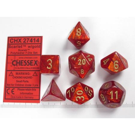Chessex dobbelstenen set, 7 polydice, Scarab Scarlet w/gold