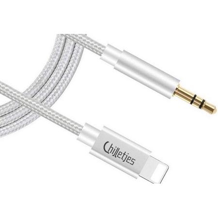AUX Kabel Lightning Nylon - Geschikt voor iPhone Lightning naar Headphone Jack Audio AuX Kabel (1m) - Wit Zilver