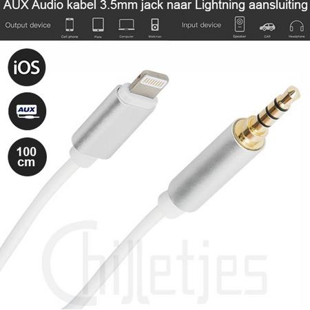 Lightning naar 3.5mm Jack Audio Aux Kabel - Geschikt voor iPhone - (1m) - Wit Zilver
